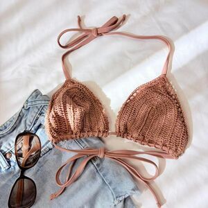 mauve taupe crochet bikini top w sparkly gold threads | size s